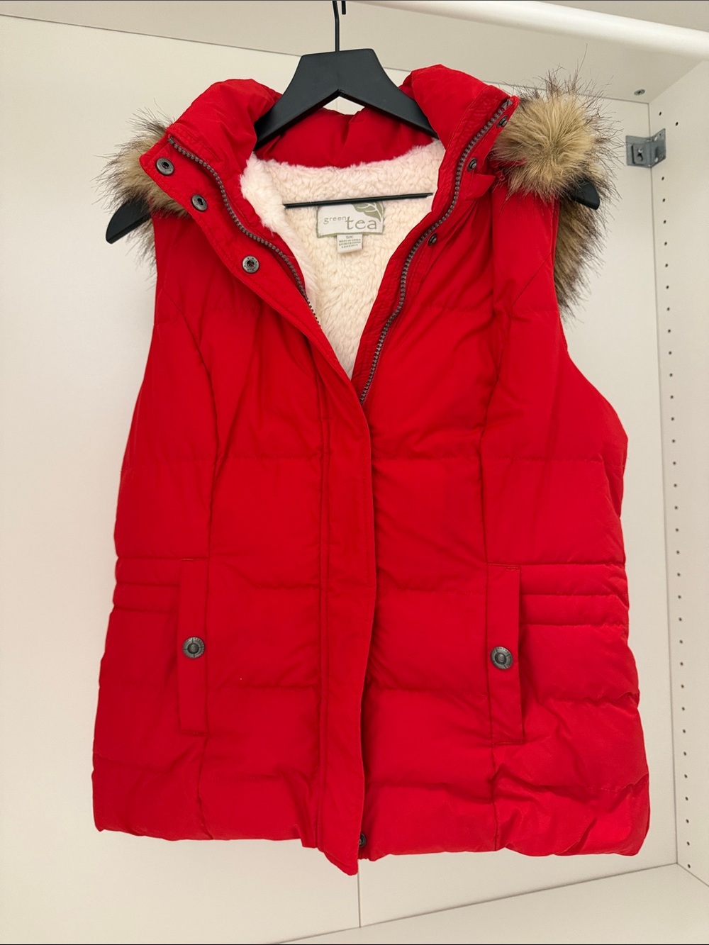 Tea Collection Bright Red Quilted Puffer Vest with Faux-Fur Trim